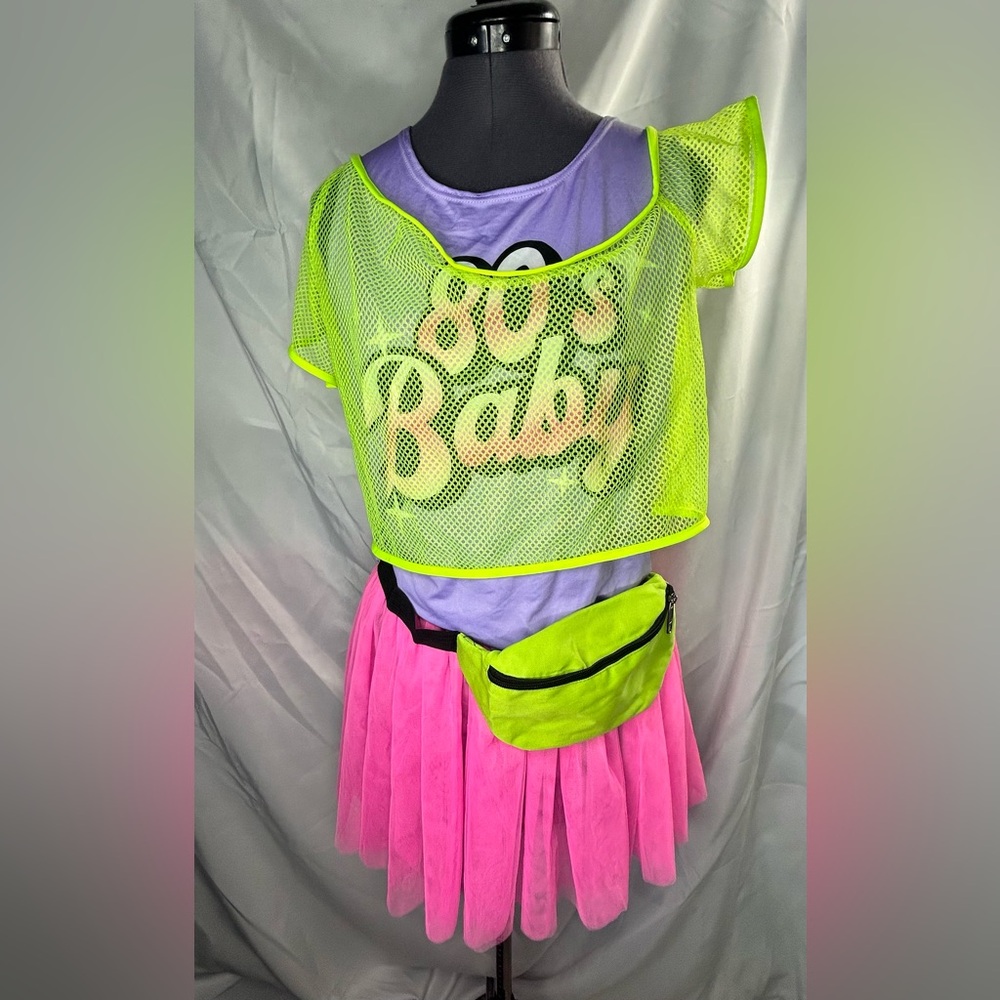 Neon Green Mesh Top with Pink Skirt and Fanny Pack